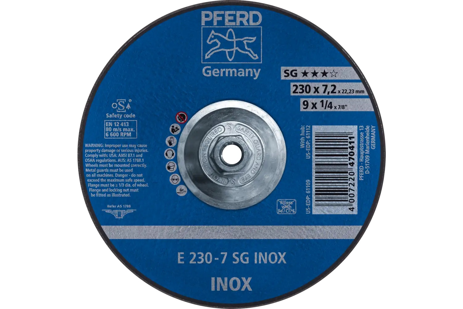 Picture of Pferd Grinding Wheel, 9" X 1/4 X 5/8-11, Sg Inox, T27, Aluminum Oxide